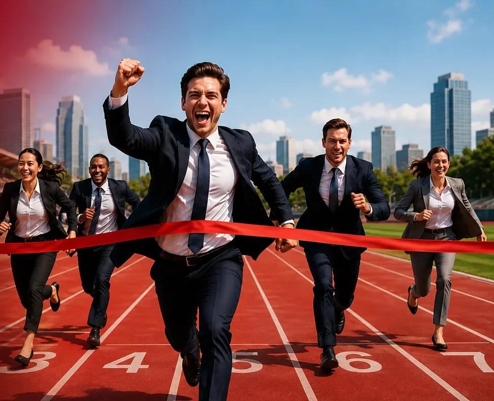 Business team racing across a finish line